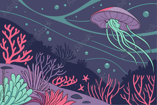 Surreal Crystalline Alien Reef Vector Illustration with Dog Element and AI Influence