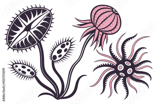 Set of Alien Plant Icons with Pods and Tentacles