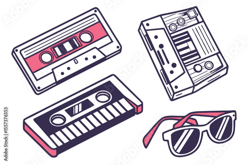 Synthwave Cassette Tape and Synth Icons Retro 80s Design Set