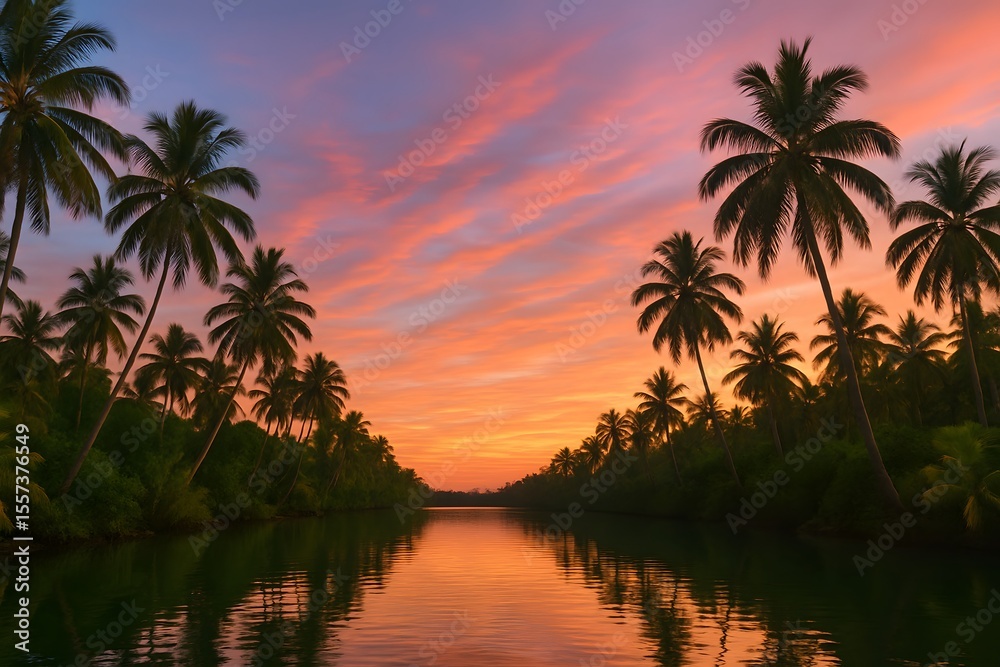Obraz premium Serene Sunset Over Calm Waterway Surrounded by Palm Trees