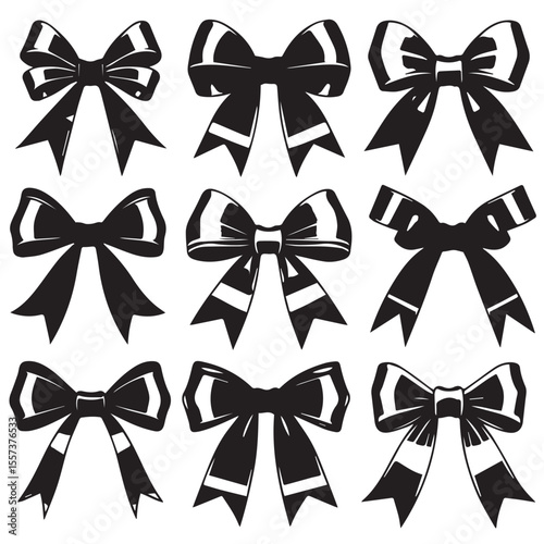 Collection of nine black bow tie silhouettes with varied designs and ribbon tails