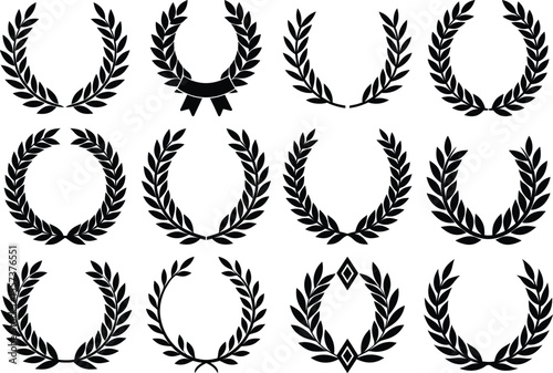 Laurel wreath set of black circular foliate laurels branches. Set of wreaths and branches with leaves on white background