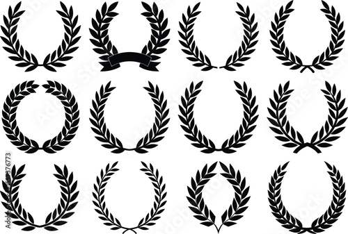 Laurel wreath set of black circular foliate laurels branches. Set of wreaths and branches with leaves on white background