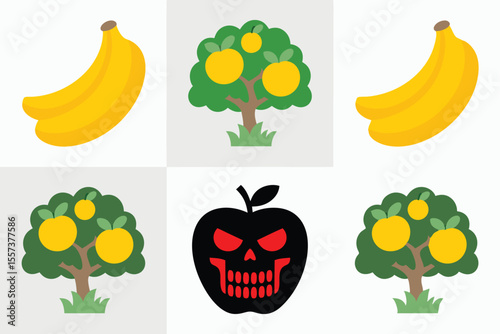 Bananas, Apple Trees, and a Spooky Skull Apple Icon Illustration with White Background