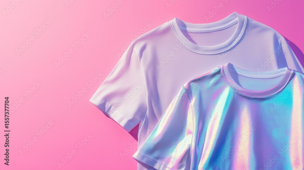 Two White Holographic T-Shirts on Pink Background Two White Holographic T-Shirts on Pink Background