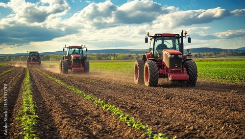Three red tractors cultivate a field.  Sunlight illuminates the scene.  Rolling hills and trees are in the background.  Clouds dot the sky