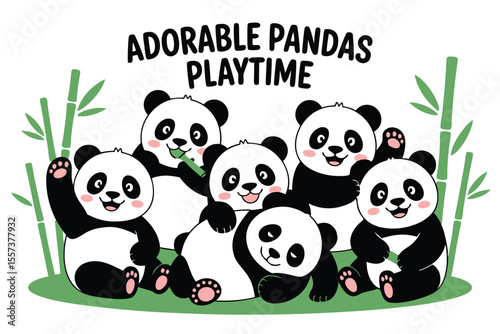 Cartoon Pandas Playtime Group of Cute Black and White Panda Bears with Bamboo Branches