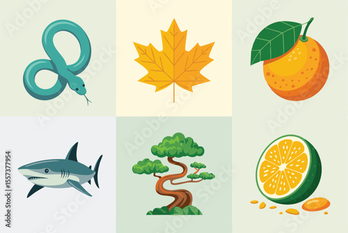 Cartoon Set with a Snake, Maple Leaf, Shark, Bonsai Tree and Fruits Illustration