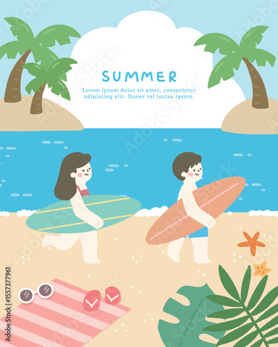 Hand drawn summer template background on the beach with people surfing.
