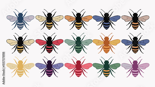 Colorful Bees Illustration Row of Fifteen Stylized Bees with Different Color Wings and Stripes