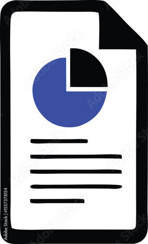 Simple hand drawn icon of a document with a blue and black pie chart and horizontal lines representing text