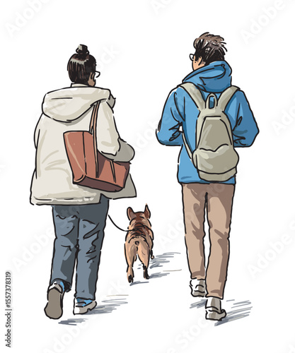 Couple casual young people with dog walking outdoors, rear view, freenahd realistic drawing, vector illustration isolated on white background