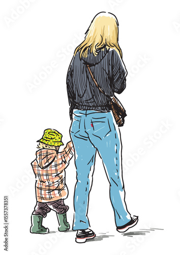Freehand drawing of casual young woman with little child walking outdoors, vector illustration, rear view, realistic sketch