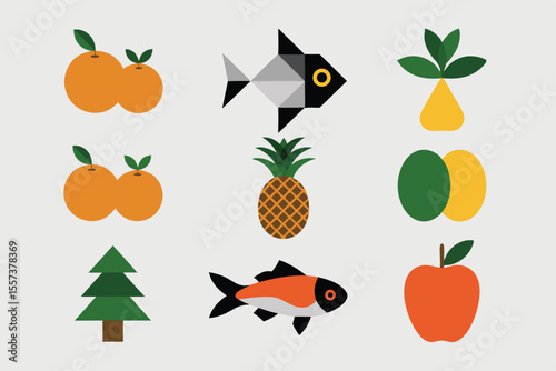 Flat Illustration Geometric Fruit, Fish, and Tree Icons on Neutral Background Displayed Neatly