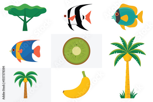 Flat Tropical Fruits, Trees, and Fish Banana, Kiwi, Palm, and Ocean Life