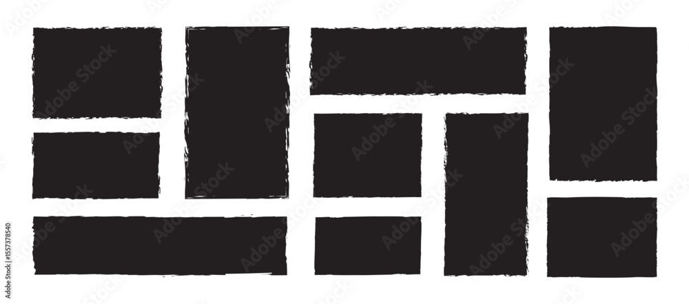 Brush frame rough rectangle box shape set. Dirty grunge design frames. Grunge brush frame set. Black grunge rectangles on a white background. eps 10.