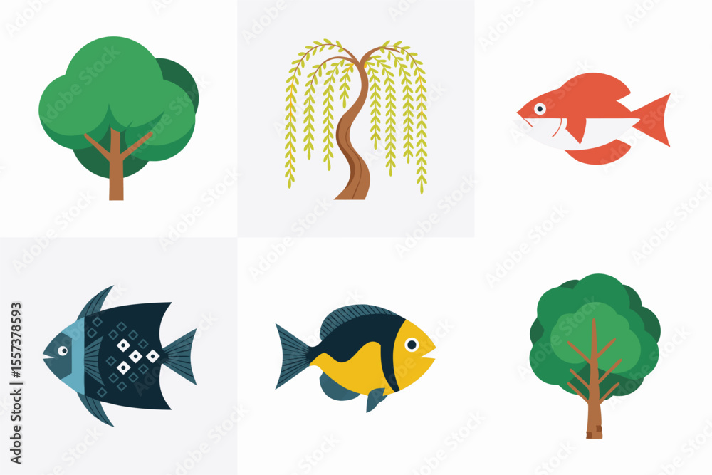 Naklejka premium Illustration Featuring Colorful Cartoon Fish and Trees Isolated on a White Background