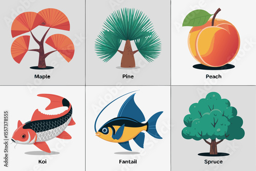 Illustrated Maple, Pine, Peach, Koi, Fantail, and Spruce, Showing Trees and Different Kinds of Fish