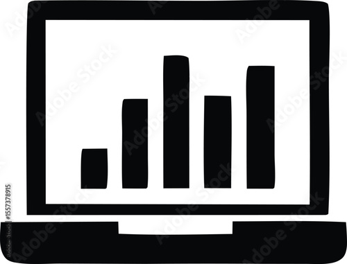 Simple black and white illustration of a laptop screen displaying a bar graph with varying heights representing data trends