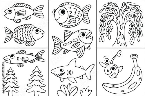 Whimsical Coloring Page Featuring Fish, Trees, Shark, Smiling Banana, and Cartoon Character Outlines
