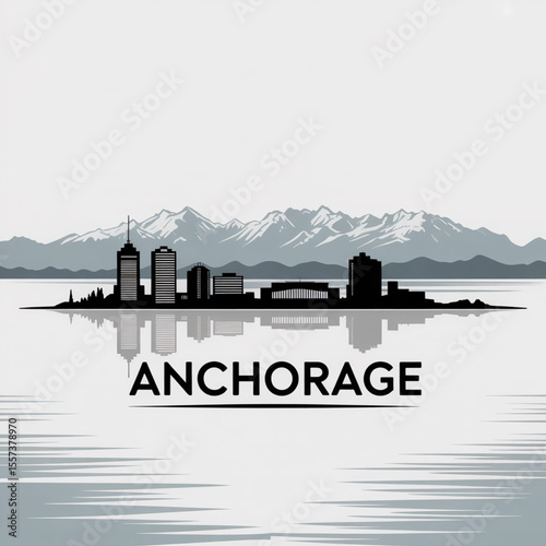 Anchorage Skyline Silhouette — Alaskan Wilderness and Urban City Vector Illustration