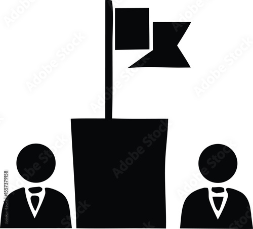 Two silhouetted business people stand on either side of a large flag planted firmly in the ground representing success and teamwork