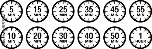 Black circular timers with minute markings and numerical time indicators clock hour