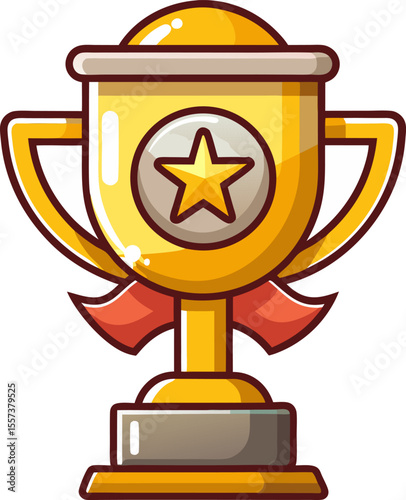 Golden trophy with star emblem and red ribbons as symbol of achievement and victory