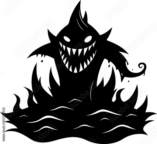 Silhouette of a menacing shark emerging from stylized water