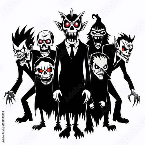 Group of Spooky Monsters with Red Eyes in Black Outfits
