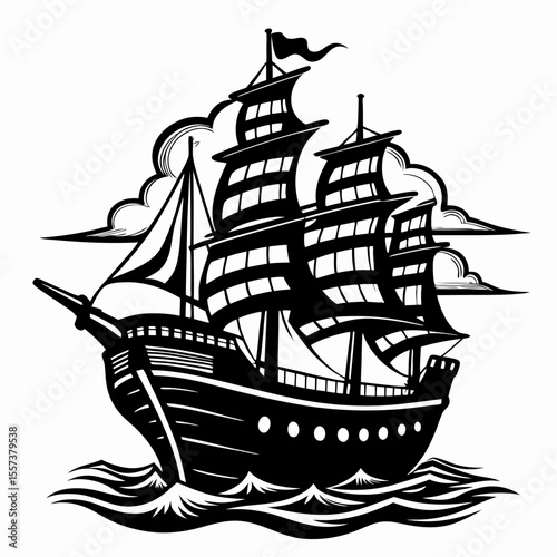 Classic Sailing Ship in Black and White Illustration on Ocean Waves