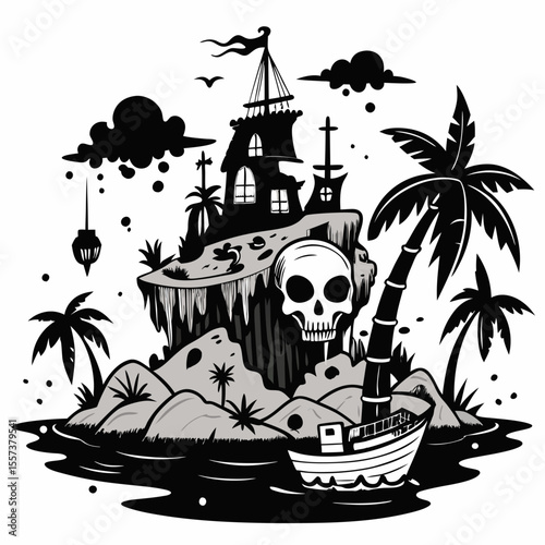 Monochrome Pirate Island Skull Cave, Shipwreck, and Palm Trees in Spooky Art