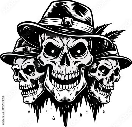 Three skulls with a hat on top of them