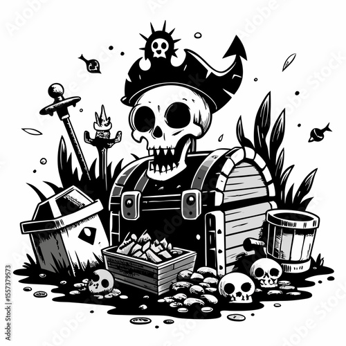 Pirate Treasure Chest with Skulls and Sword in  Style