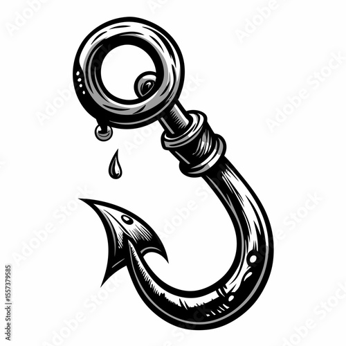 Intricate Black and White Fishing Hook Illustration with Water Drop