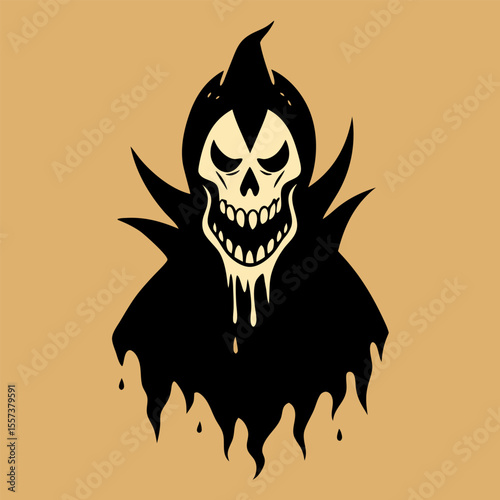 Spooky Dripping Skull Illustration with Sharp Cloak on Beige Background