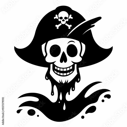 Pirate Skull Logo with Hat and Crossbones   Black and White Illustration