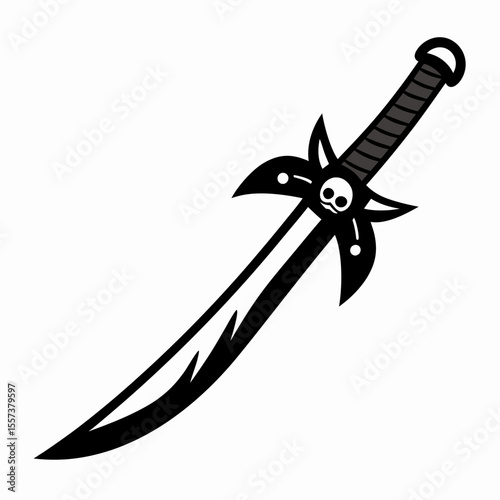 Pirate Sword with Skull Guard Design in Black and White