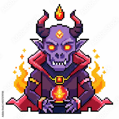 Pixel Art Demon Character with Flames and Magical Orb in Retro Video Game Style