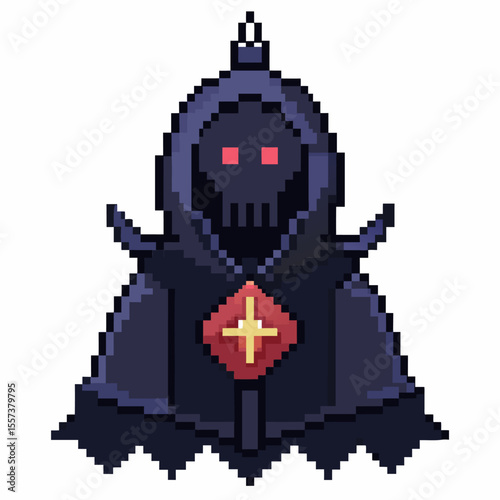 Pixel Art Hooded Skeleton Character with Red Eyes and Gemstone on Chest