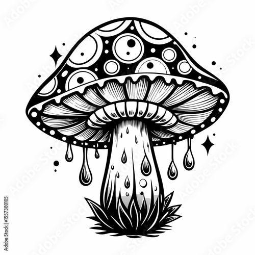 Intricate Black and White Mushroom Illustration with Dripping Details