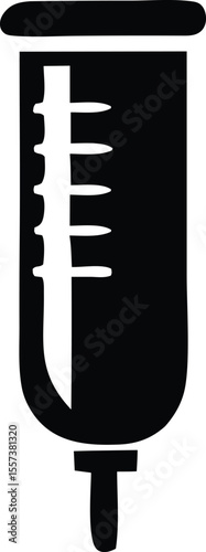 Stylized black and white illustration of a medical iv drip bag with measurement markings and a drip chamber