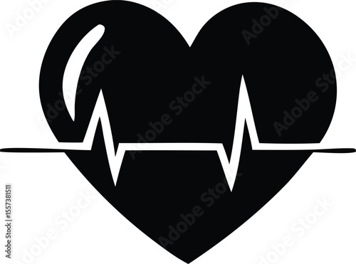 A stylized black heart icon featuring a prominent white electrocardiogram or heart rate line running through its center