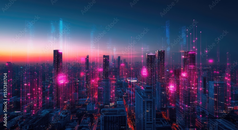 Fototapeta premium Futuristic city skyline at dawn, overlaid with digital network