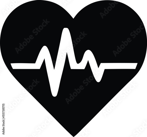A classic black heart silhouette is prominently displayed featuring a white electrocardiogram heartbeat line running through its center symbolizing life and health