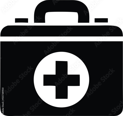 Simple black and white icon of a medical first aid kit with a white cross inside a circle on its front