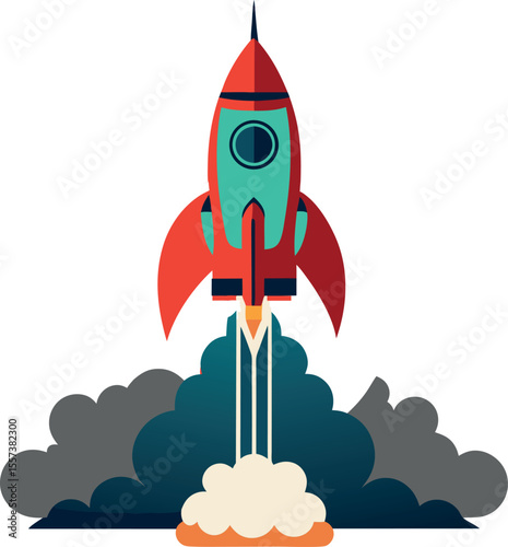 Red cartoon rocket ship flying through the sky