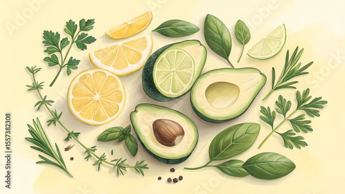 Fresh avocado lemon lime and herbs still life illustration for culinary and healthy eating concepts
