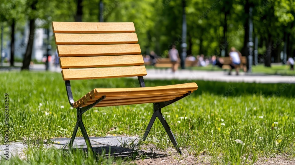 Light Brown Wooden Park Bench on Green Grass in Sunny Day Light Brown Wooden Park Bench on Green Grass in Sunny Day