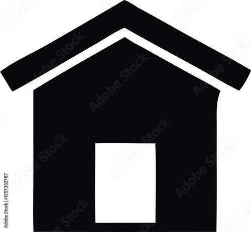 Simple black silhouette of a house with a gable roof and a rectangular doorway opening on a white background